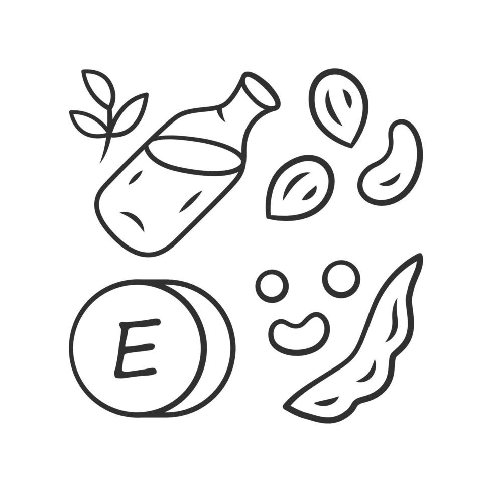 Vitamin E linear icon. Peanuts, peas and beans. Seed oil. Healthy diet. Tocopherol natural food source. Thin line illustration. Contour symbol. Vector isolated outline drawing. Editable stroke