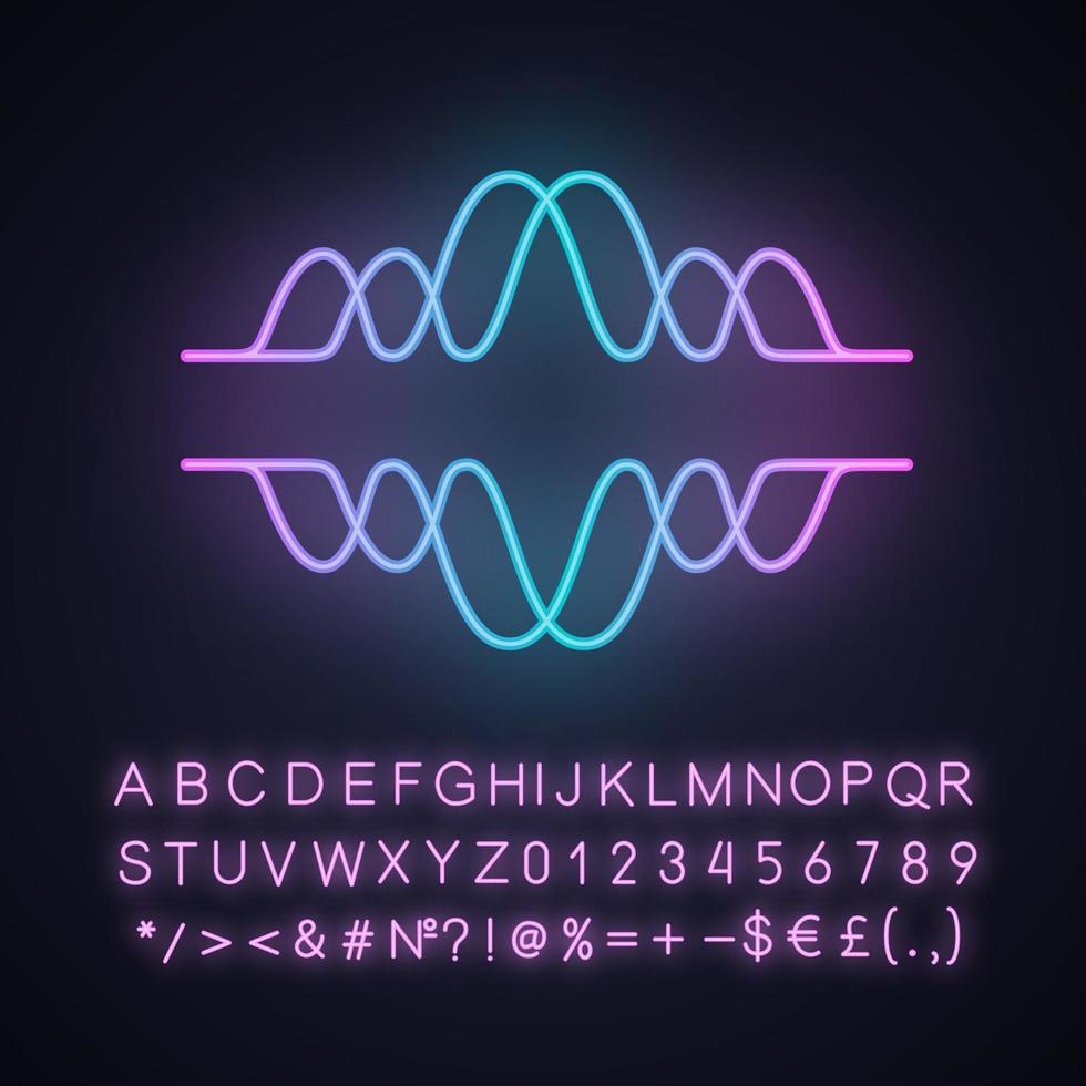 Overlapping waves neon light icon. Voice recording, radio signal. Abstract music frequency level. Noise, vibration amplitude. Glowing sign with alphabet, numbers, symbols. Vector isolated illustration