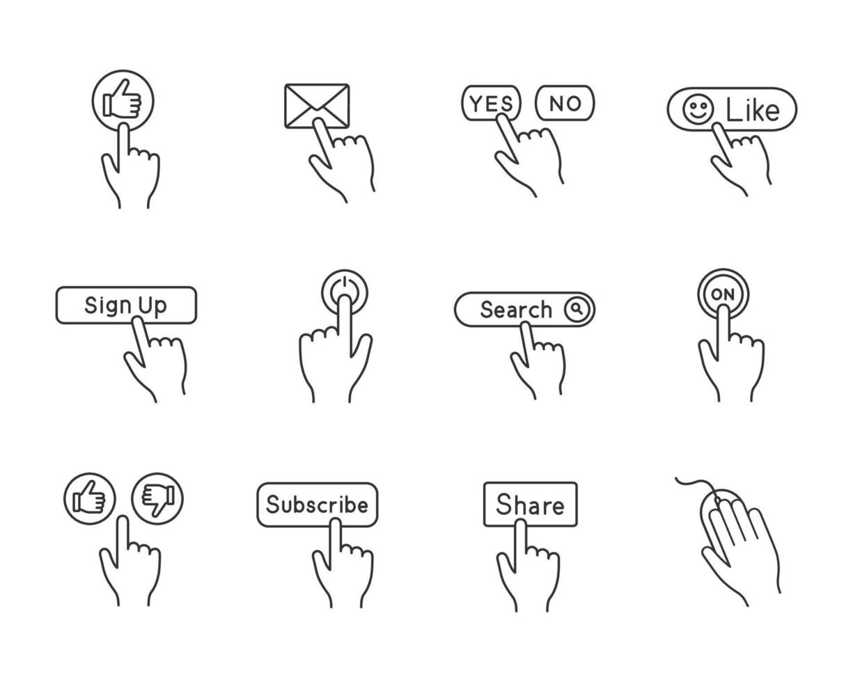 App buttons linear icons set. Click. Social media interface. Webpage navigation. Thin line contour symbols. Isolated vector outline illustrations. Editable stroke
