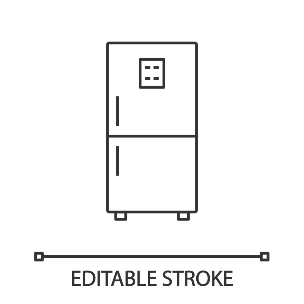 Fridge linear icon. Refrigerator. Thin line illustration. Freezer. Kitchen appliance. Contour symbol. Vector isolated outline drawing. Editable stroke