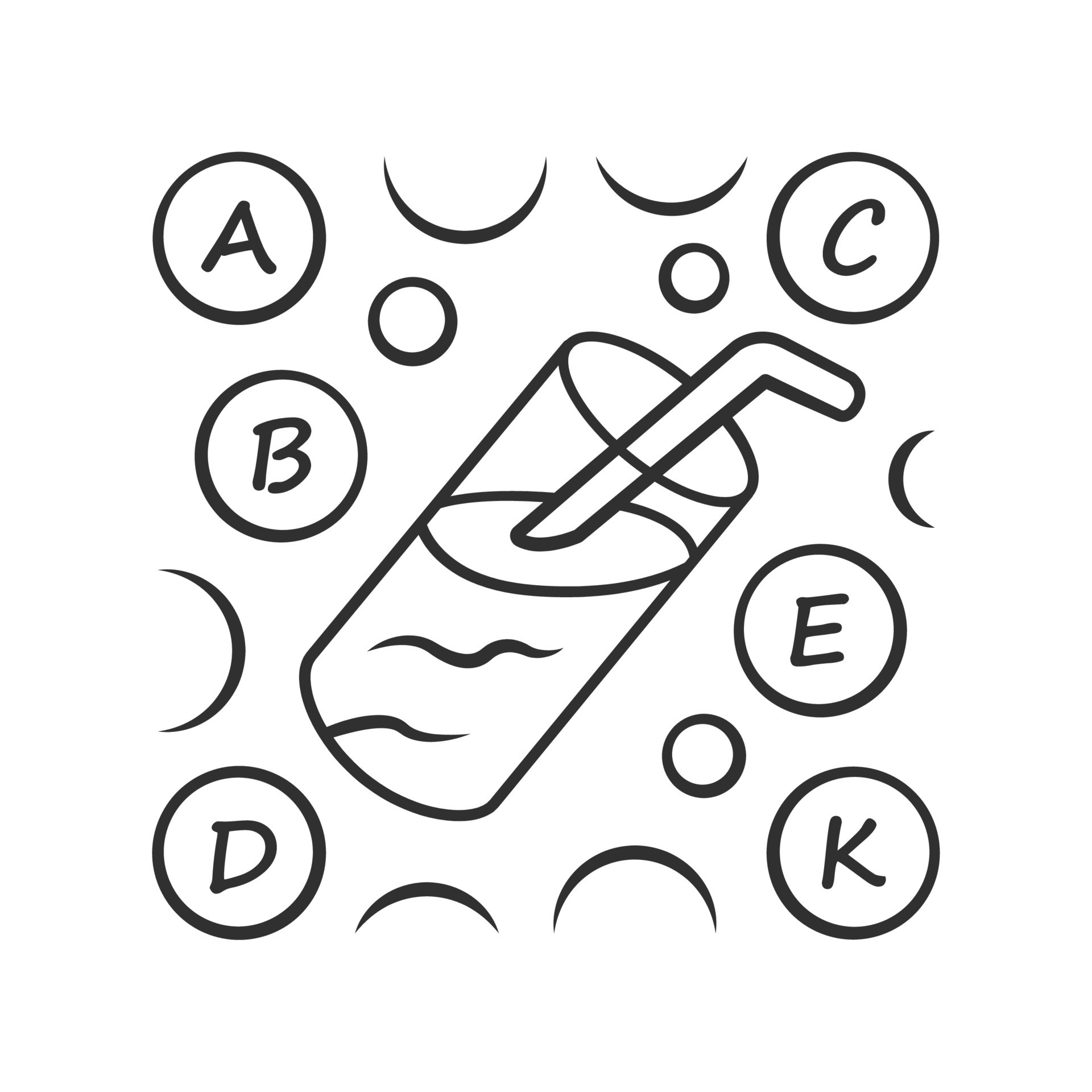 Vitamin cocktail linear icon. A, B, C, D, E, K vitamins. Multivitamins
