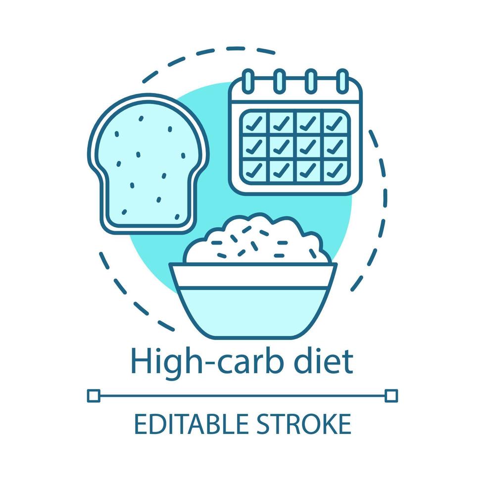 dieta alta en carbohidratos, icono del concepto de estilo de vida vegano. idea de nutrición vegetariana ilustración de línea delgada. comida sana. tazón de arroz, pan fresco y dibujo de contorno aislado del vector calendario. trazo editable