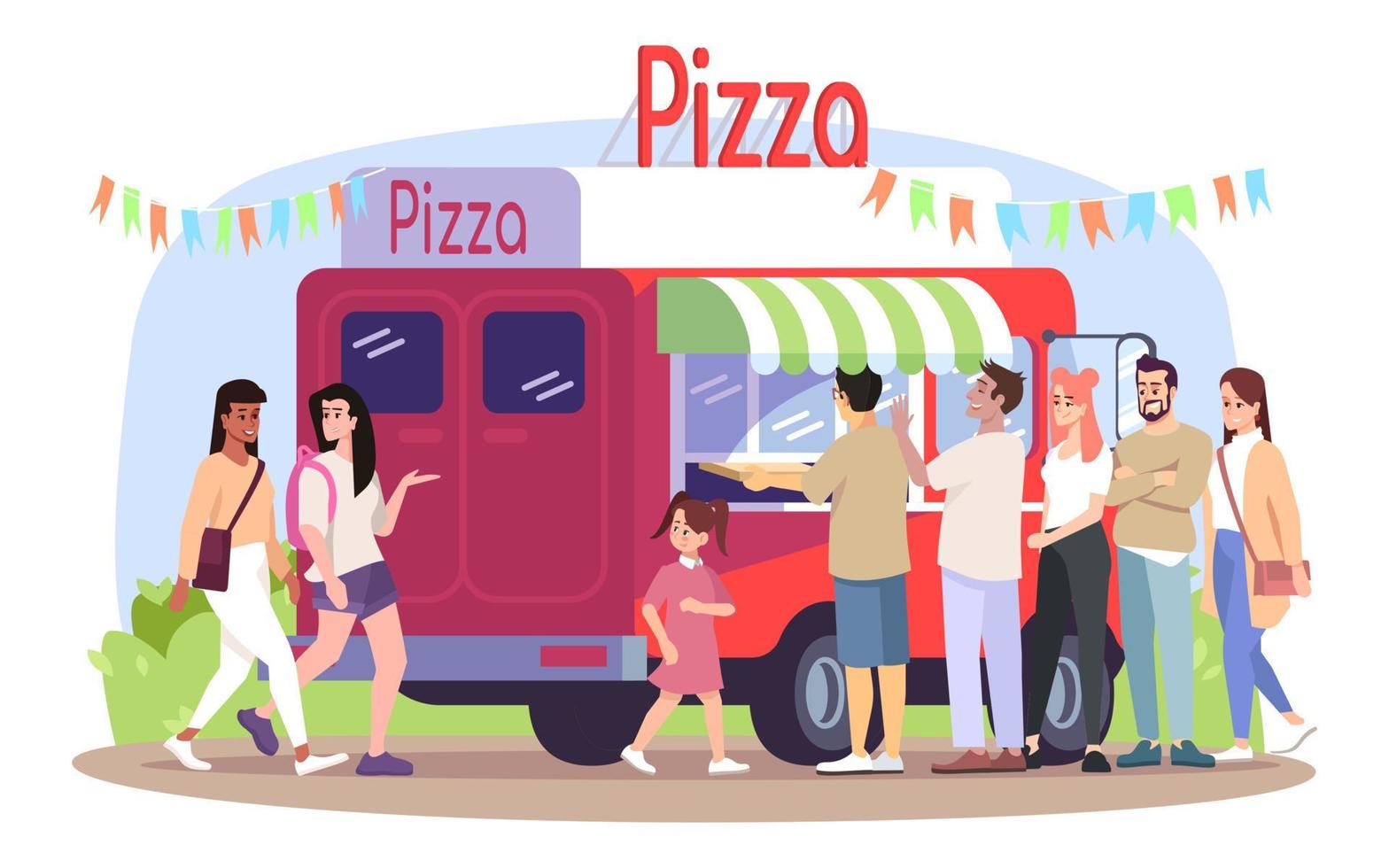 Pizza food truck flat vector illustration. Ready takeaway meal vehicle, buyers. Italian cuisine restaurant on wheels. Pizzeria visitors, walking people isolated cartoon characters on white background