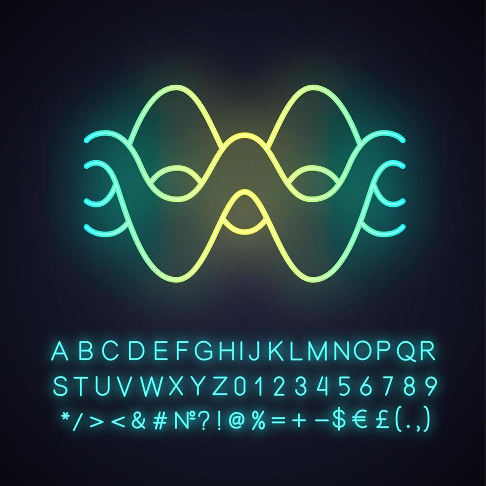 Overlapping waves neon light icon. Abstract energy, synergy flow waveform. Fluid, organic waves, soundwaves. Glowing sign with alphabet, numbers and symbols. Vector isolated illustration