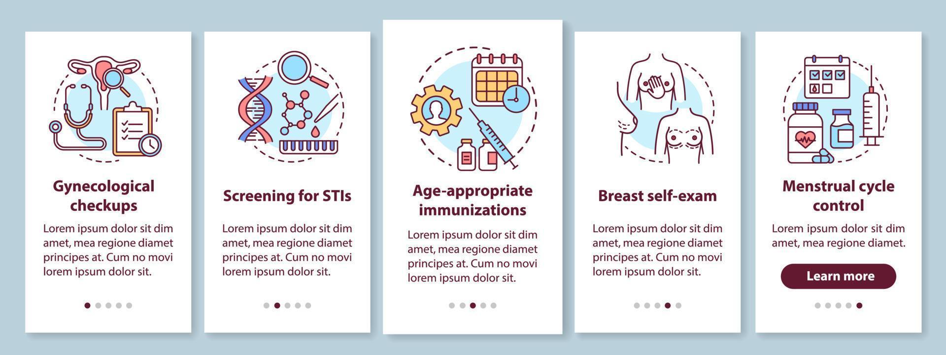 pantalla de la página de la aplicación móvil de incorporación de atención médica para mujeres con conceptos lineales. Diagnóstico y revisión de enfermedades ginecológicas. tutorial paso a paso instrucciones gráficas. ux, ui, plantilla gui con ilustraciones vector