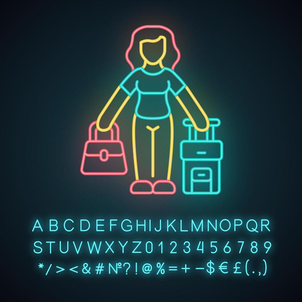 Immigrant woman neon light icon. Traveler, holidaymaker, passenger with handbag and suitcase. Immigration. Glowing sign with alphabet, numbers and symbols. Vector isolated illustration