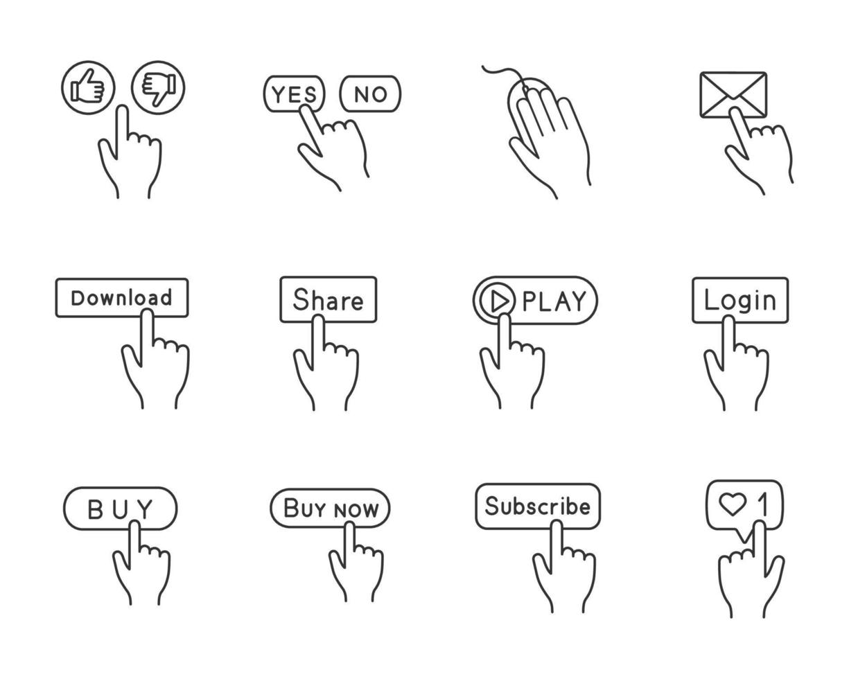 App buttons linear icons set. Click. Social media interface. Webpage navigation. Thin line contour symbols. Isolated vector outline illustrations. Editable stroke