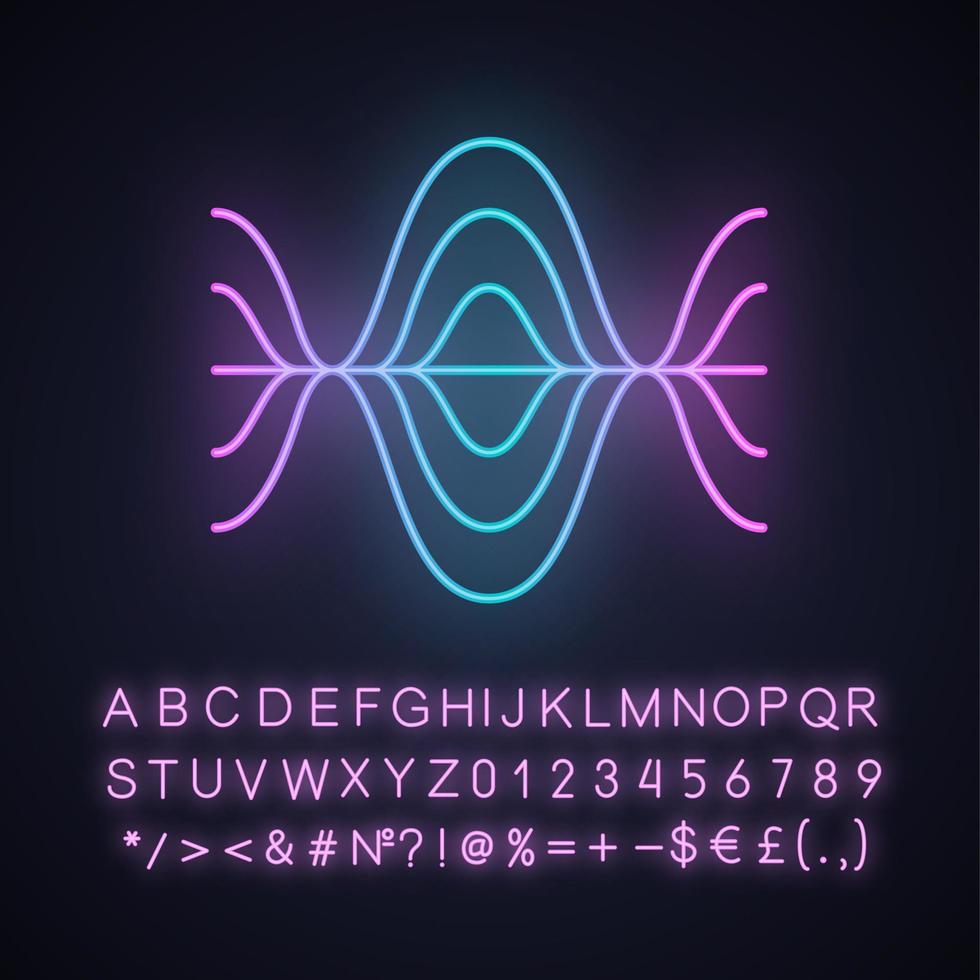 Voice recording neon light icon. Vibration, noise level, frequency curves. Audio volume, frequency. Music player logo. Glowing sign with alphabet, numbers and symbols. Vector isolated illustration