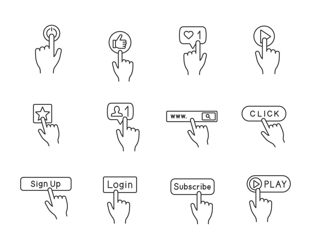 App buttons linear icons set. Click. Social media interface. Webpage navigation. Thin line contour symbols. Isolated vector outline illustrations. Editable stroke