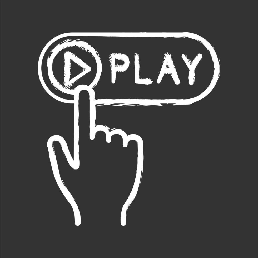 Play button click chalk icon. Multimedia player. Start, launch. Hand pushing button. Isolated vector chalkboard illustrations
