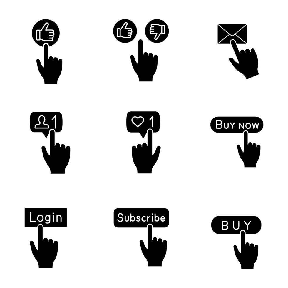 conjunto de iconos de glifo de botones de aplicación. hacer clic. me