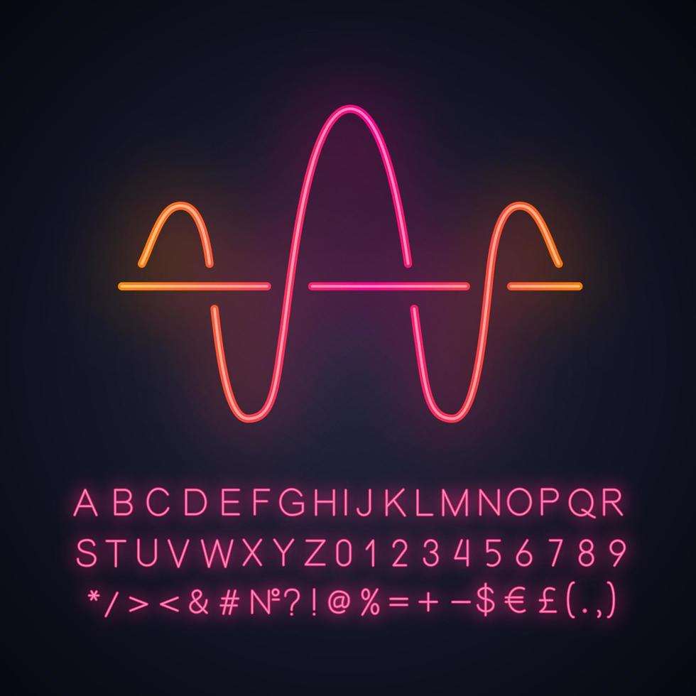 Soundwave neon light icon. Function and axis. Music rhythm frequency. Digital sound, audio wave. Voice recording sign. Glowing sign with alphabet, numbers and symbols. Vector isolated illustration