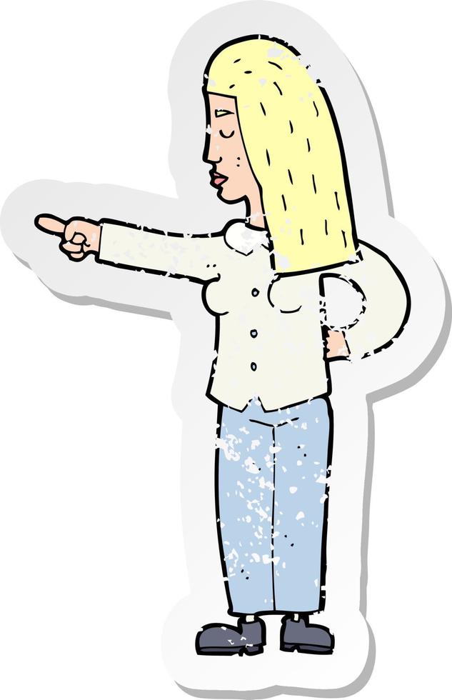 pegatina retro angustiada de una mujer de dibujos animados señalando vector