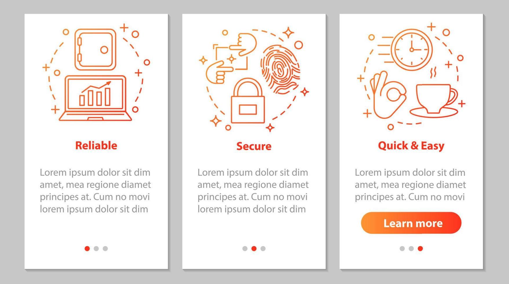 Digital services onboarding mobile app page screen with linear concepts. Business software. Security, quick and easy launch, reliable service steps instructions. UX, UI, GUI vector illustrations