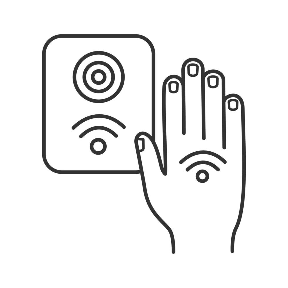 NFC reader linear icon. RFID access control. Thin line illustration. NFC button and hand sticker. Near field communication. RFID elevator controller. Vector isolated outline drawing. Editable stroke