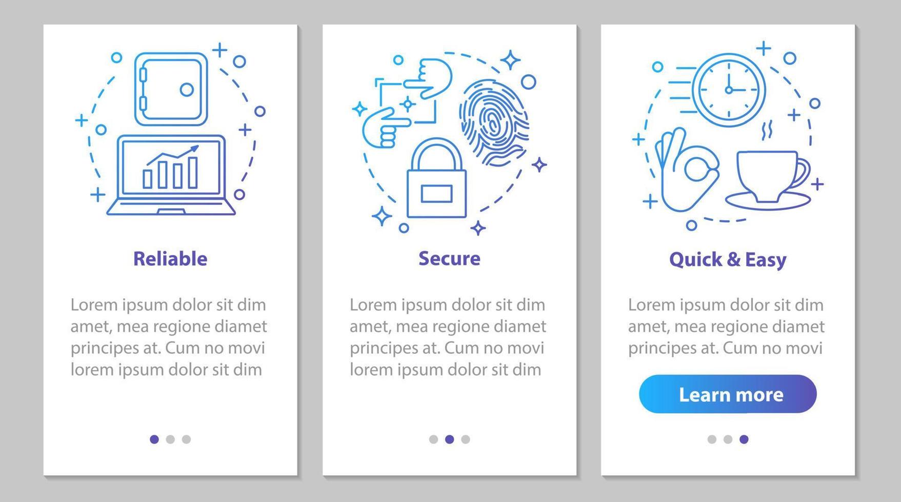 Digital services onboarding mobile app page screen with linear concepts. Business software. Security, quick and easy launch, reliable service steps instructions. UX, UI, GUI vector illustrations