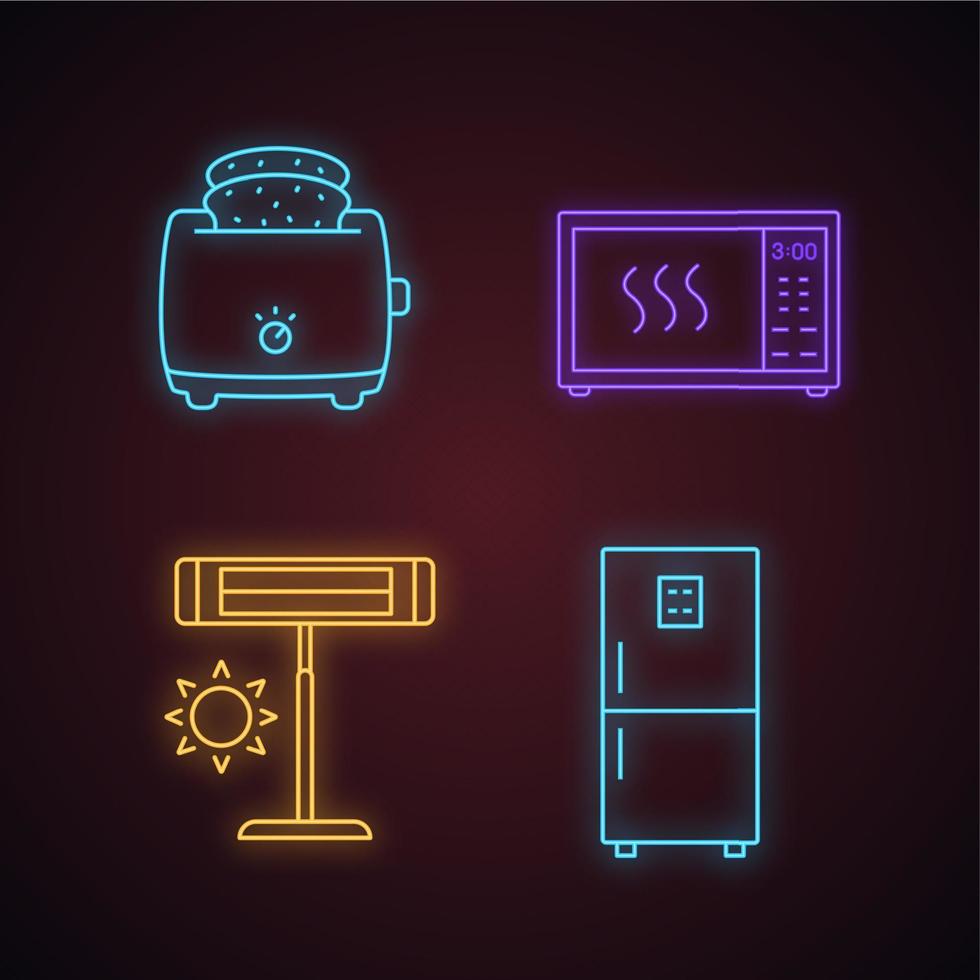 Household appliance neon light icons set. Slice toaster, microwave oven, infrared heater, fridge. Glowing signs. Vector isolated illustrations