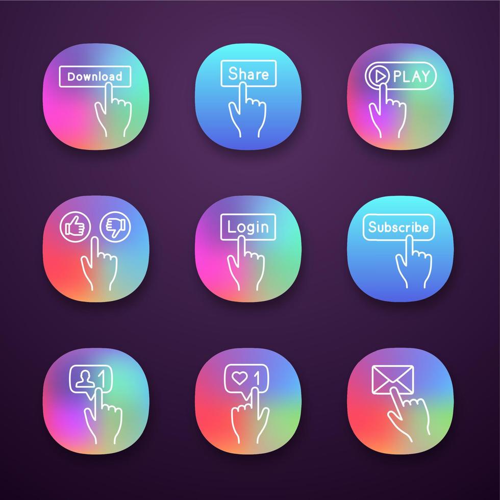 Click buttons icons set. Download, share, play, like and dislike, login, subscribe, new follower, like counter, message. UI UX user interface. Web or mobile applications. Vector isolated illustrations