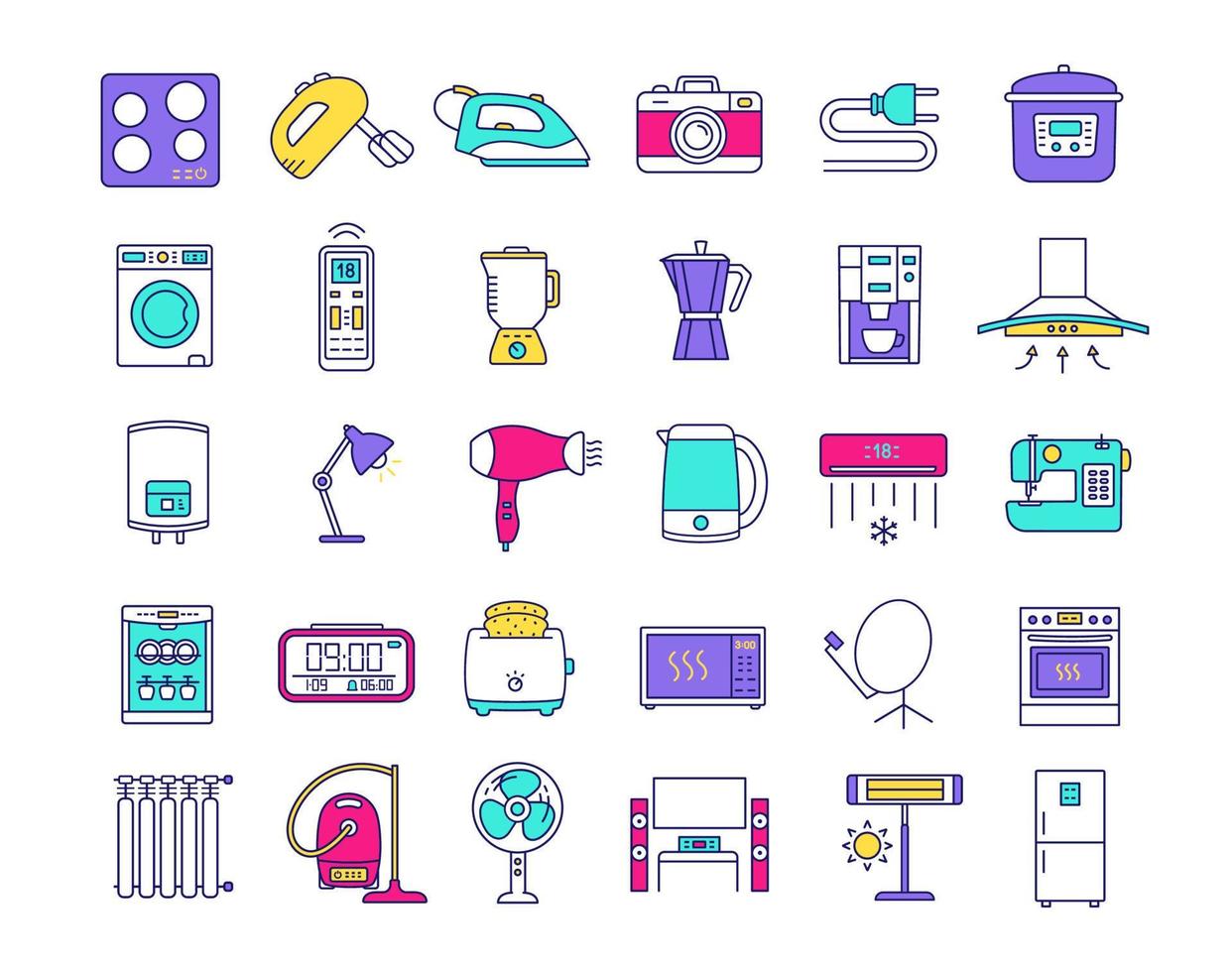 Household appliance color icons set. Home and kitchen electronics. Domestic technology. Refrigerator, vacuum cleaner, washing machine, mixer, dishwasher, oven, stove. Isolated vector illustrations