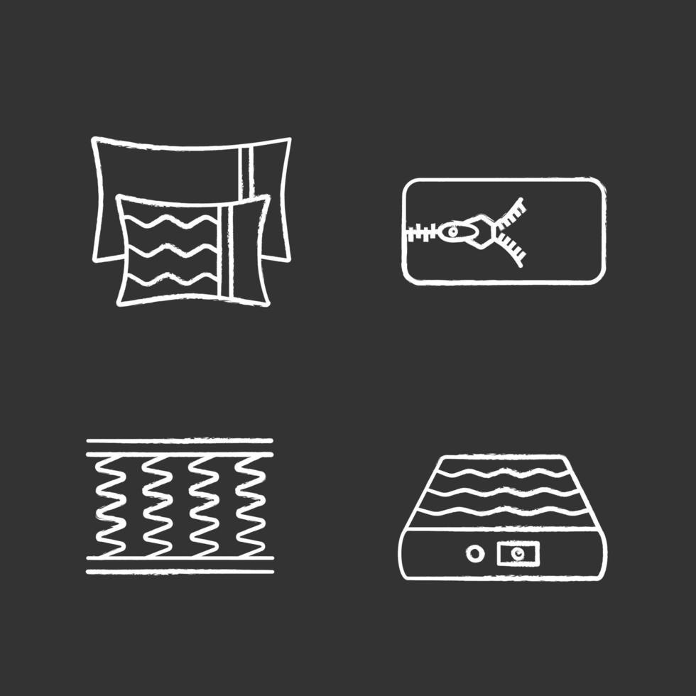 Orthopedic mattress chalk icons set. Pillows, removable cover, spring and air mattresses. Isolated vector chalkboard illustrations