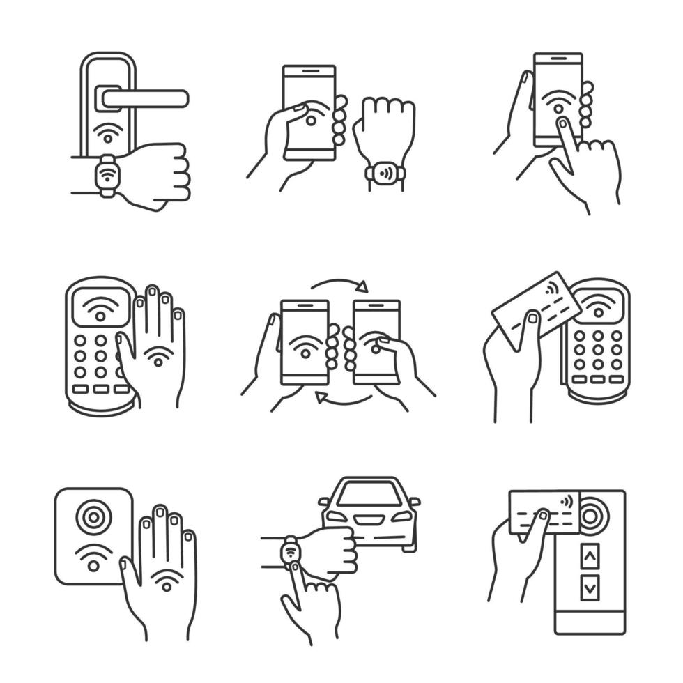 NFC technology linear icons set. Thin line contour symbols. NFC bracelet, door lock, data transfer, smartphone, car. Near field communication. Isolated vector outline illustrations. Editable stroke