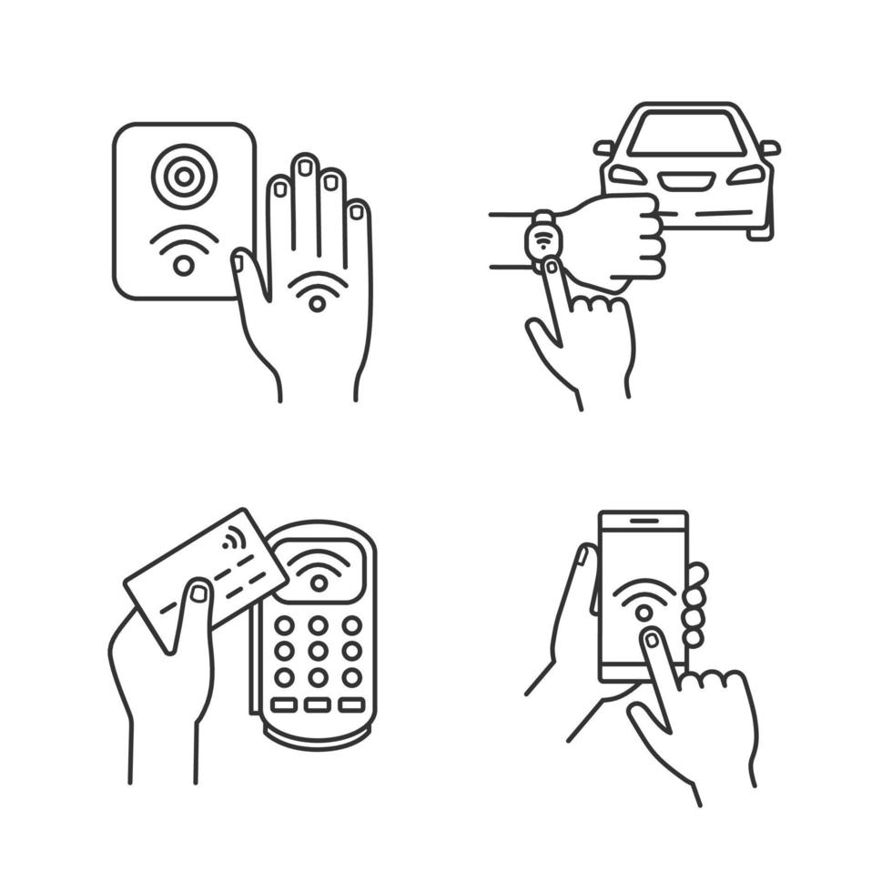 NFC technology linear icons set. Near field smartphone, car and bracelet, payment terminal, reader. Thin line contour symbols. Isolated vector outline illustrations. Editable stroke