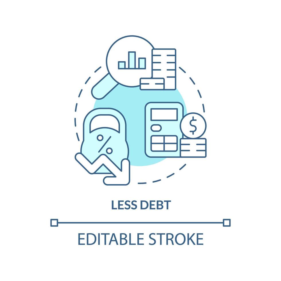 Less debt turquoise concept icon. Deficit accumulation. Balanced budget requirement abstract idea thin line illustration. Isolated outline drawing. Editable stroke. vector