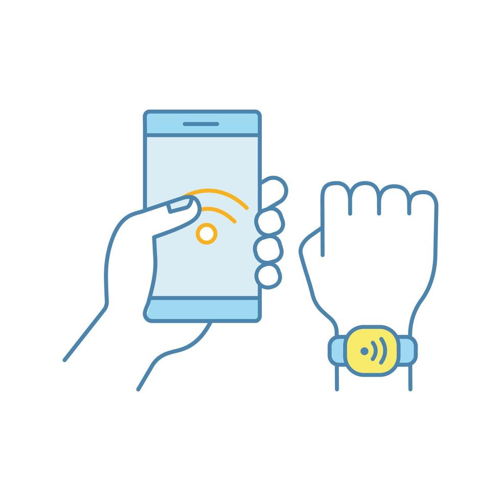 NFC bracelet connected to smartphone color icon. NFC phone synchronized with smartwatch. Near field communication.RFID wristband. Isolated vector illustration