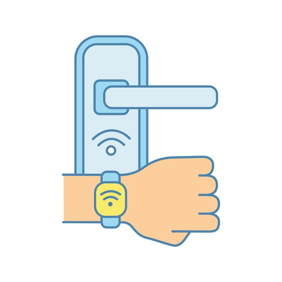 Door lock opened with NFC bracelet color icon. Near field communication padlock. RFID wristband. Contactless technology. Isolated vector illustration