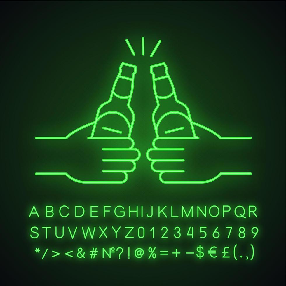 Toasting beer bottles in hands neon light icon. Cheers. Glowing sign with alphabet, numbers and symbols. Vector isolated illustration