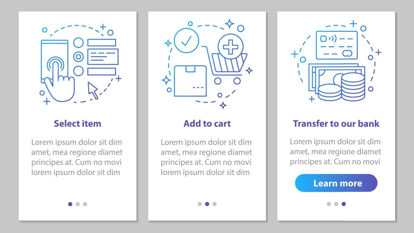Online shopping onboarding mobile app page screen with linear concepts. Digital purchase steps graphic instructions. Select items, add to cart, make payment. UX, UI, GUI vector illustrations