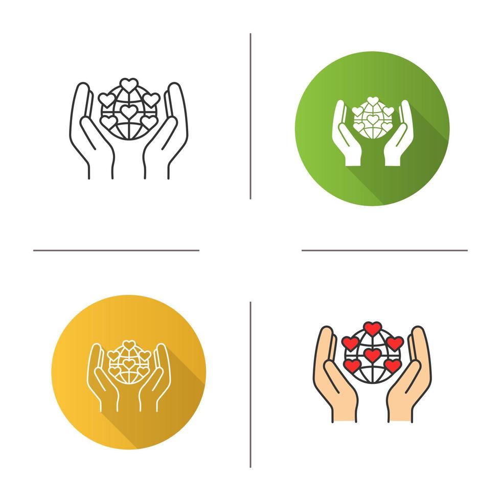 International charity icon. Flat design, linear and color styles. Hands holding planet with heart points. Earth saving. Global volunteering. Isolated vector illustrations