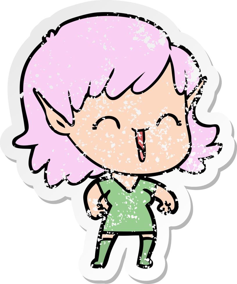distressed sticker of a cartoon elf girl vector
