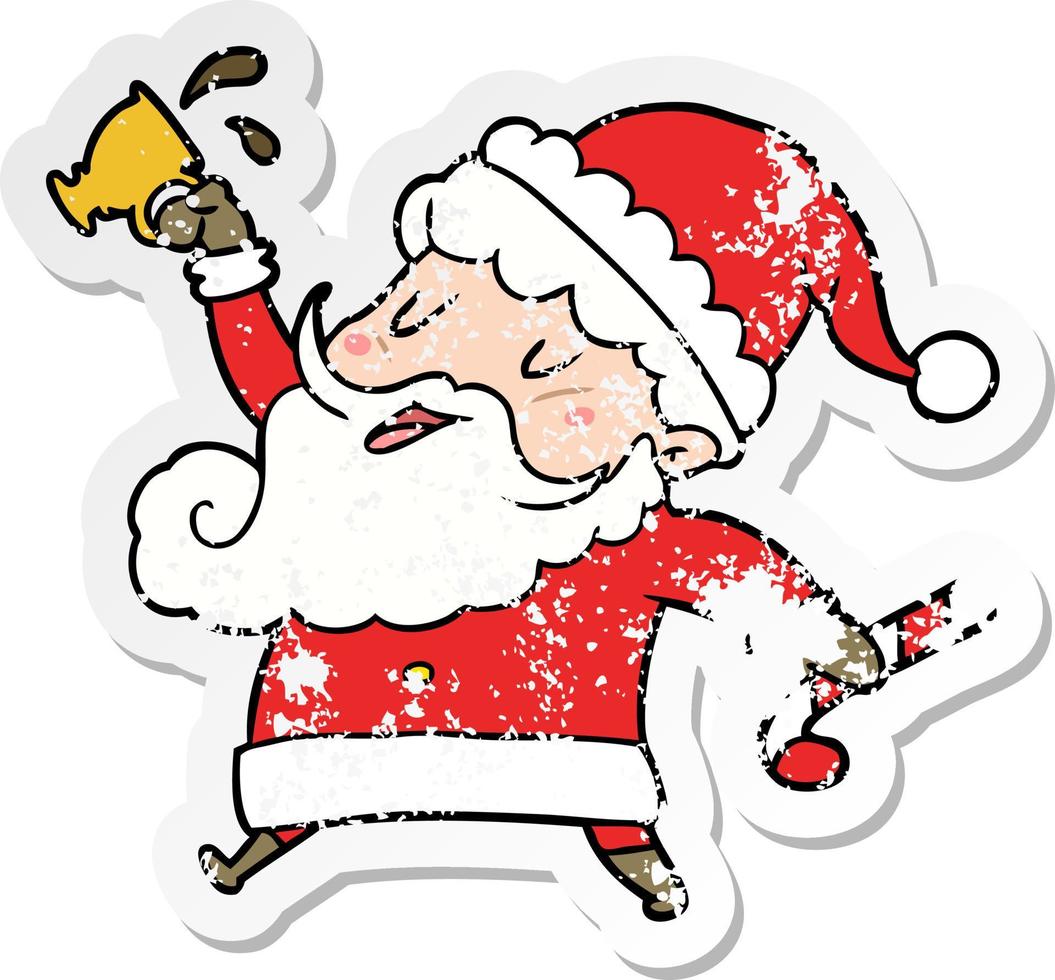 distressed sticker of a cartoon santa claus with hot cocoa vector