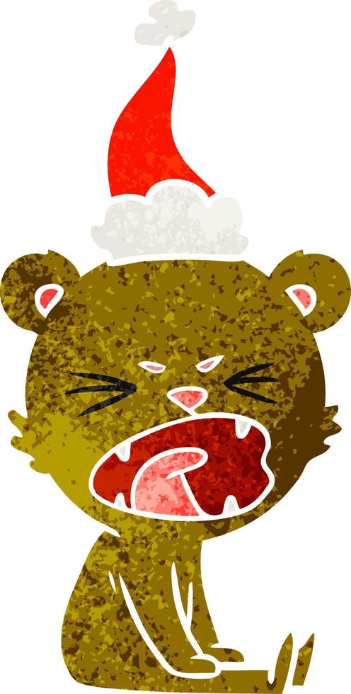 angry retro cartoon of a bear wearing santa hat vector