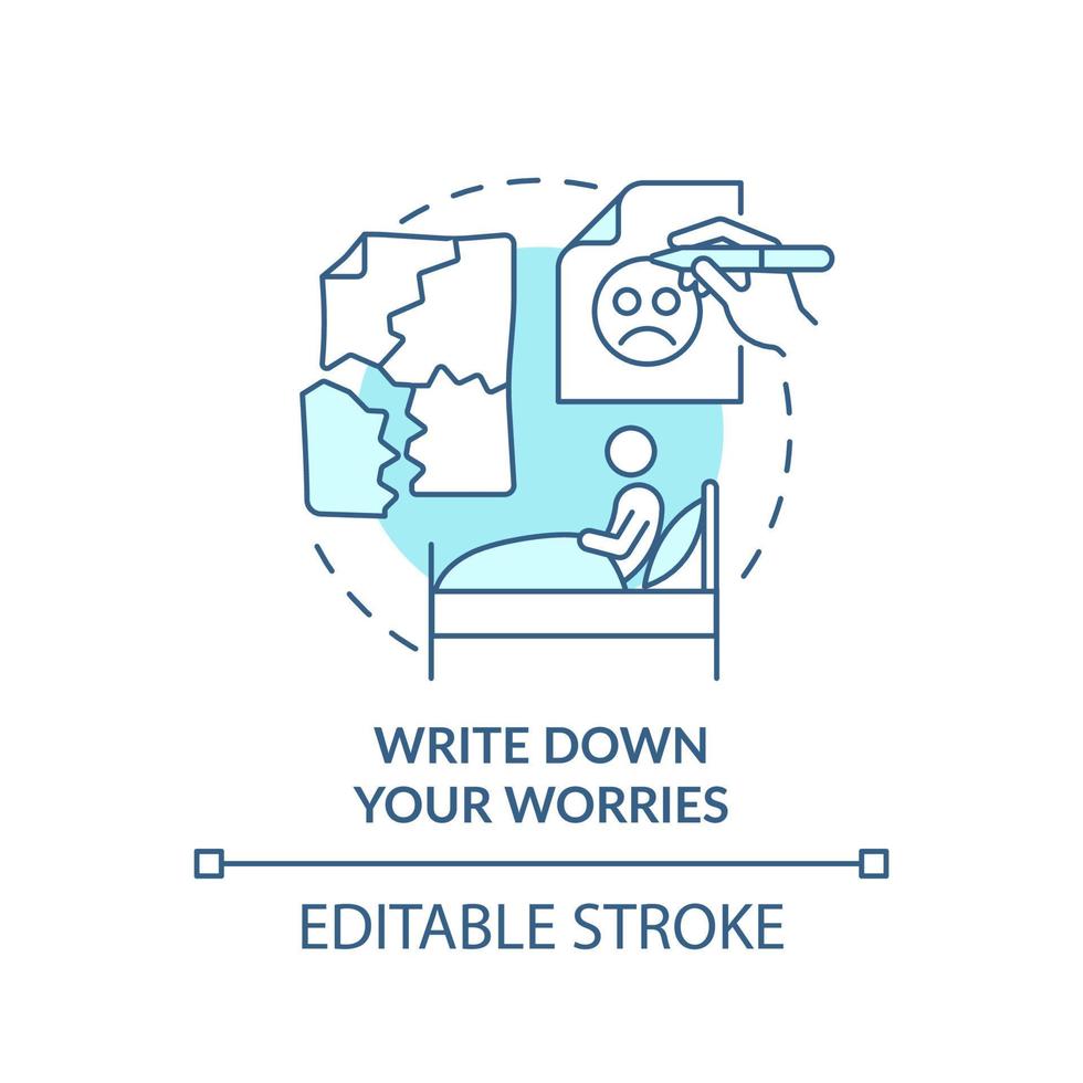 Write down your worries turquoise concept icon. Sleep pattern. Improve mental health abstract idea thin line illustration. Isolated outline drawing. Editable stroke. vector