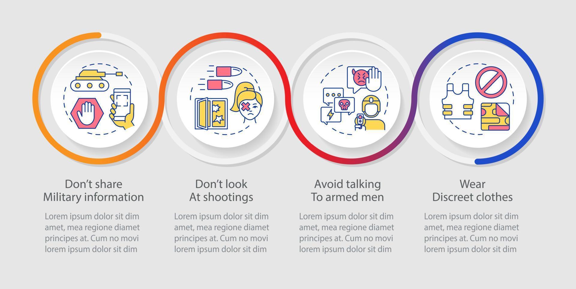 Actions during war and battles loop infographic template. Civilians survive. Data visualization with 4 steps. Process timeline info chart. Workflow layout with line icons. vector