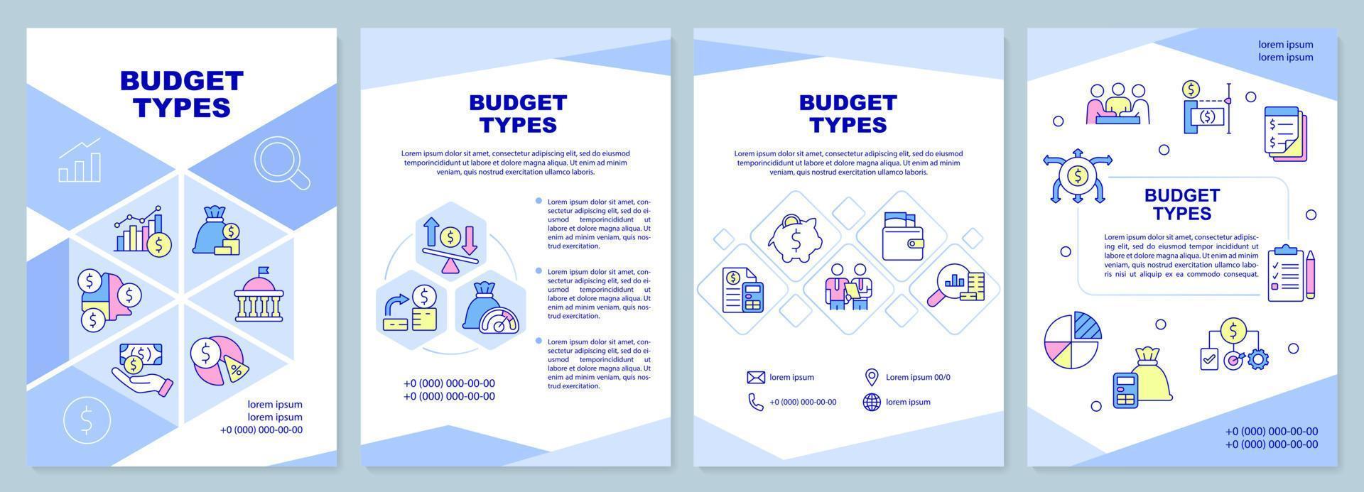 Budget types brochure template. Financial program and plan. Leaflet design with linear icons. 4 vector layouts for presentation, annual reports.