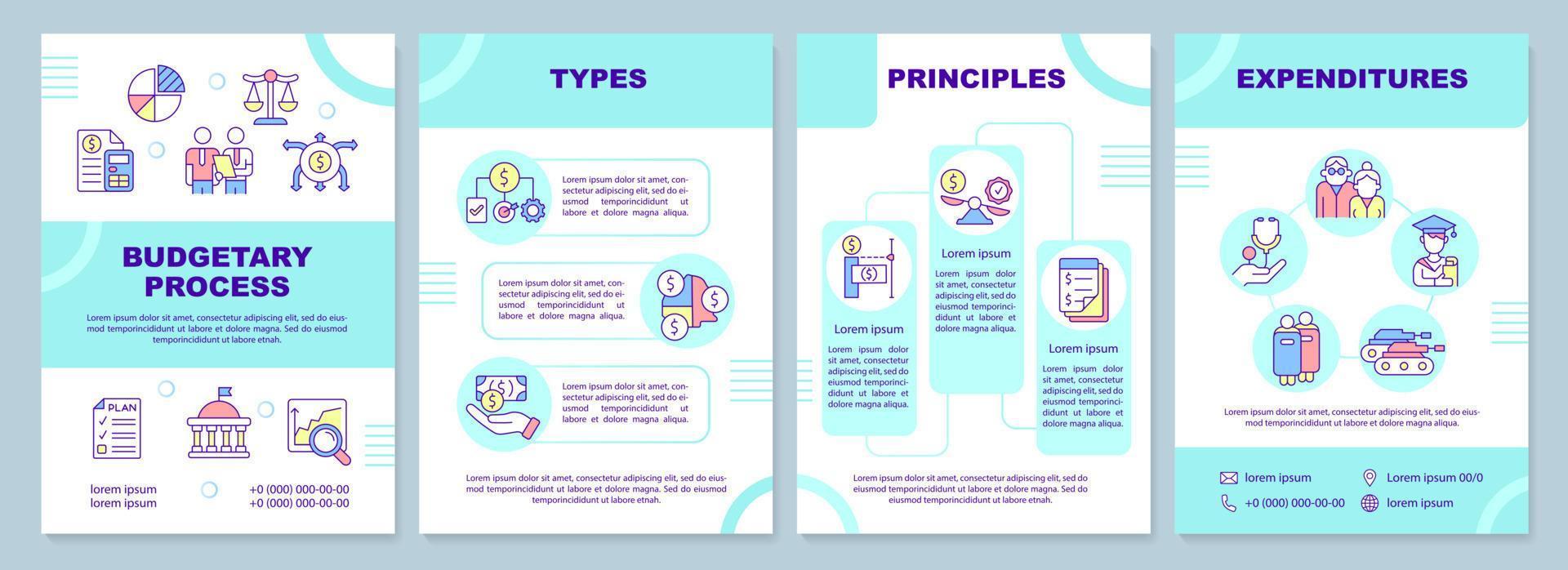 Government budgeting guideline brochure template. Financial plan. Leaflet design with linear icons. 4 vector layouts for presentation, annual reports.