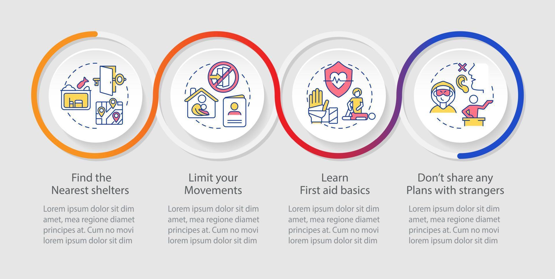 Actions to stay safe during war loop infographic template. Survive steps. Data visualization with 4 steps. Process timeline info chart. Workflow layout with line icons. vector