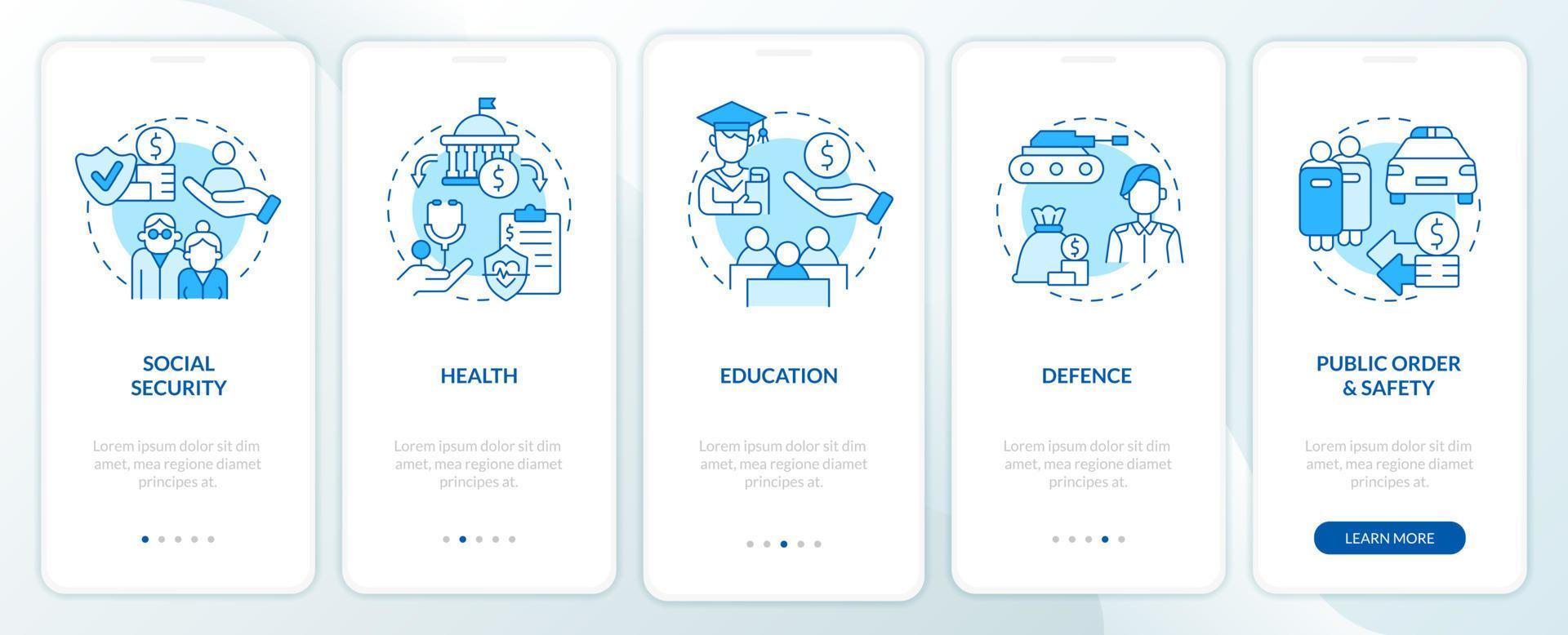 Budget expenditures blue onboarding mobile app screen. State, government walkthrough 5 steps graphic instructions pages with linear concepts. UI, UX, GUI template. vector