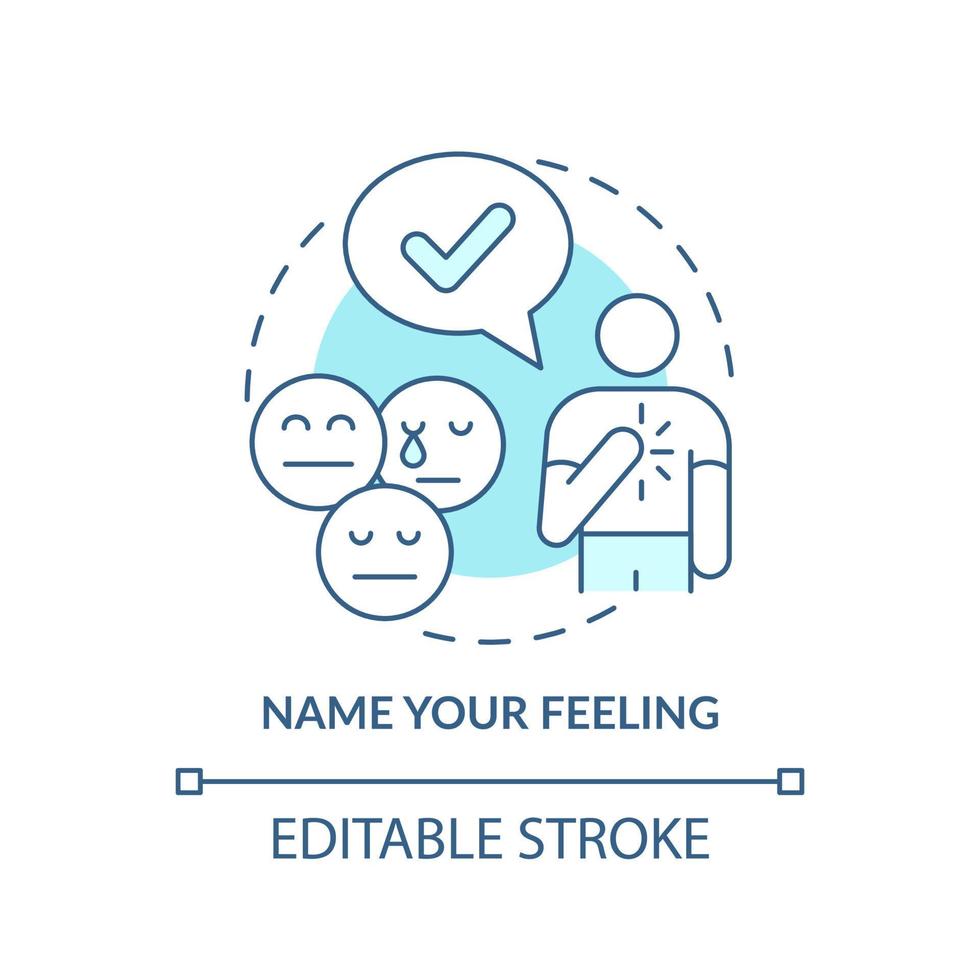 Name your feeling turquoise concept icon. Emotion understanding. Mental health abstract idea thin line illustration. Isolated outline drawing. Editable stroke. vector