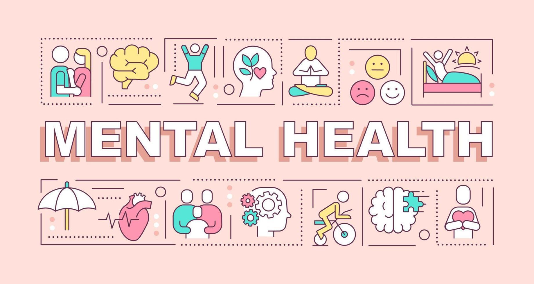 Mental health word concepts pink banner. Psychologist support. Infographics with icons on color background. Isolated typography. Vector illustration with text.