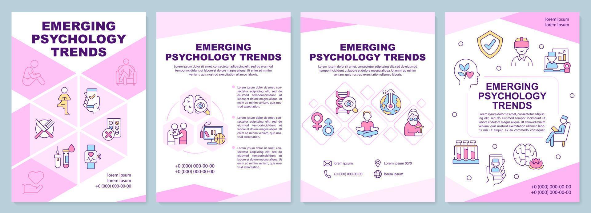 Emerging psychology trends pink brochure template. Mental health. Leaflet design with linear icons. 4 vector layouts for presentation, annual reports.