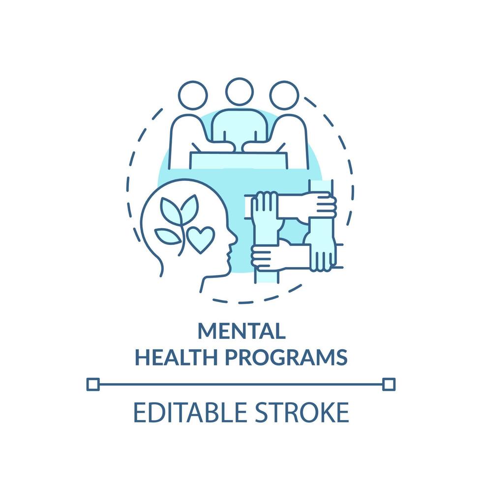 Mental health programs turquoise concept icon. Group care. Psychology trend at work abstract idea thin line illustration. Isolated outline drawing. Editable stroke. vector