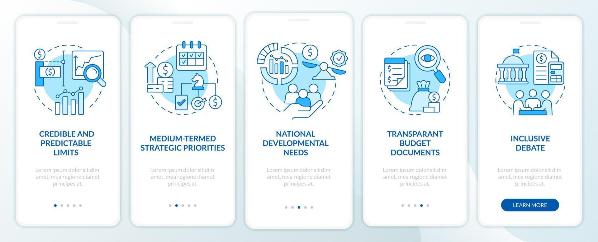 Principles of budget planning blue onboarding mobile app screen. Walkthrough 5 steps graphic instructions pages with linear concepts. UI, UX, GUI template. vector