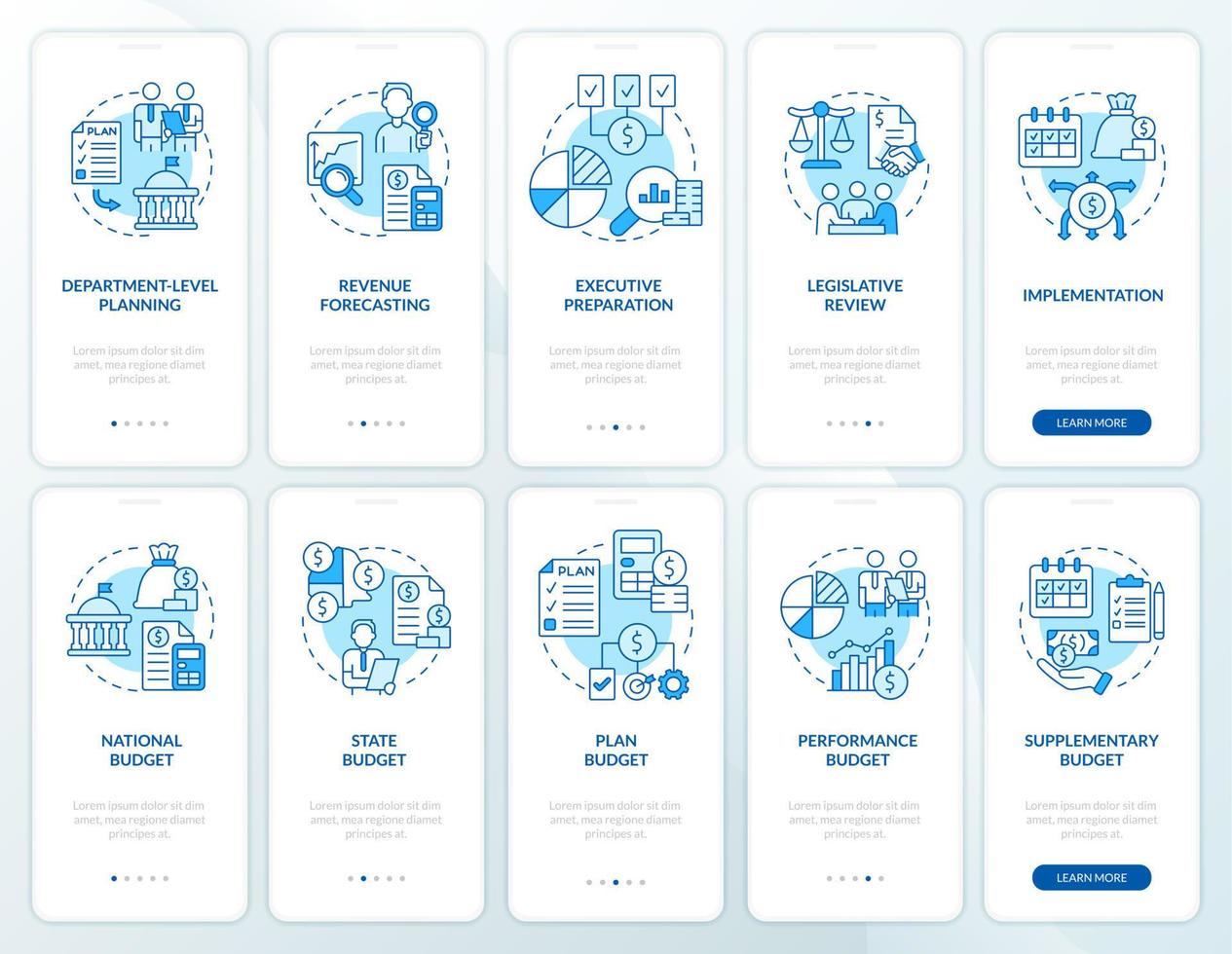 State and government budgeting blue onboarding mobile app screen set. Walkthrough 5 steps graphic instructions pages with linear concepts. UI, UX, GUI template. vector