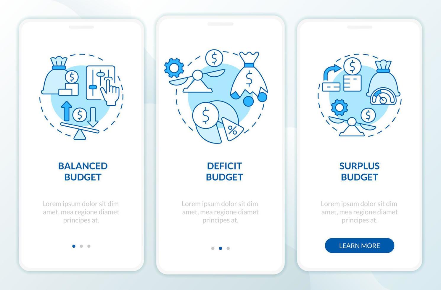 Budget classification blue onboarding mobile app screen. Financial plan walkthrough 3 steps graphic instructions pages with linear concepts. UI, UX, GUI template. vector