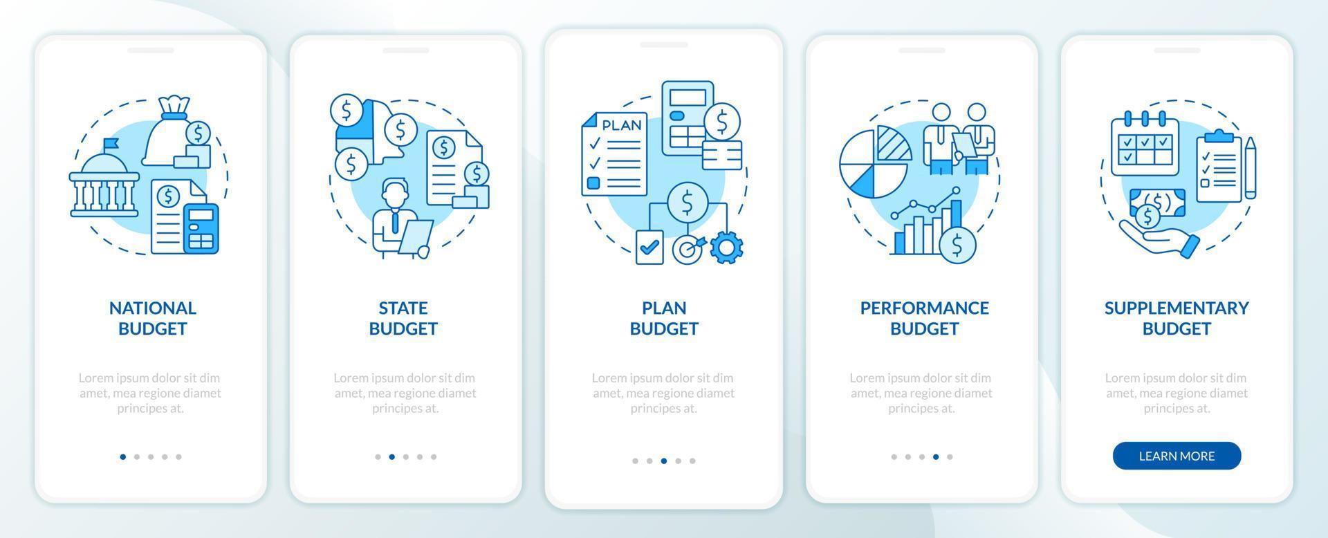 pantalla de aplicación móvil de incorporación de tipos de presupuesto azul. Tutorial de plan nacional y estatal Páginas de instrucciones gráficas de 5 pasos con conceptos lineales. interfaz de usuario, ux, plantilla de interfaz gráfica de usuario. vector