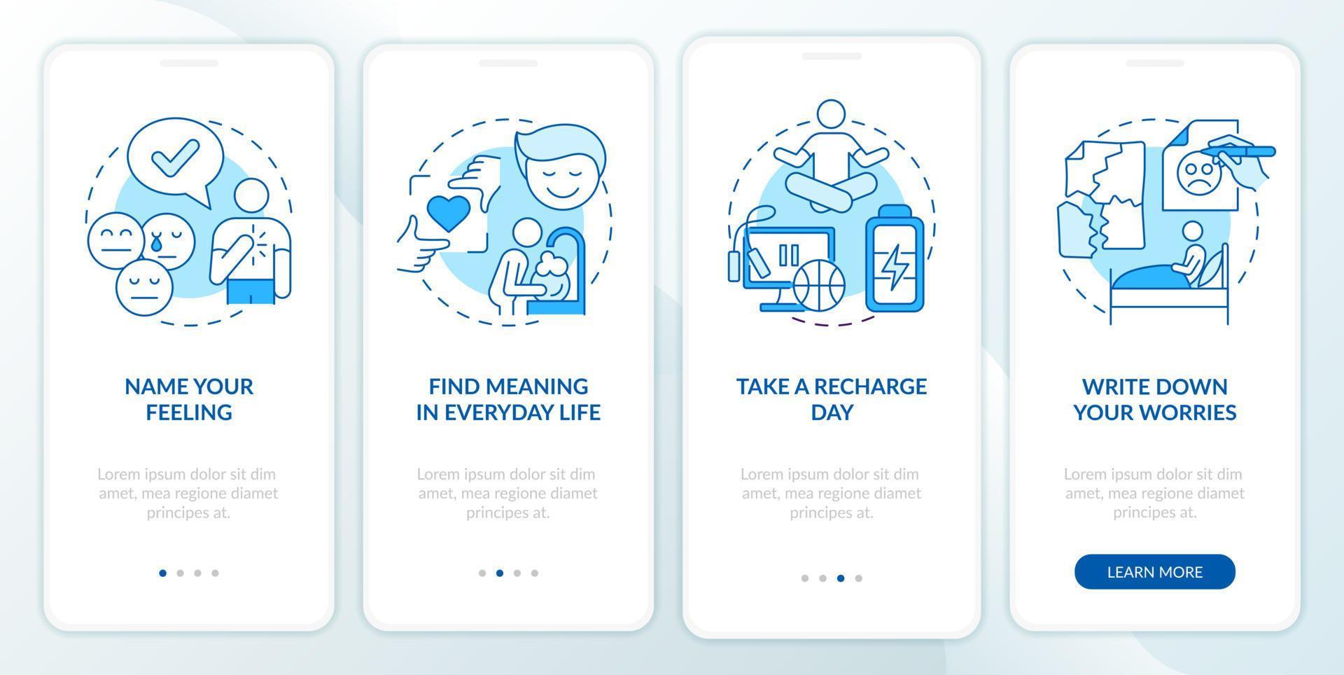 Improving mental health blue onboarding mobile app screen. Psychotherapy walkthrough 4 steps graphic instructions pages with linear concepts. UI, UX, GUI template. vector